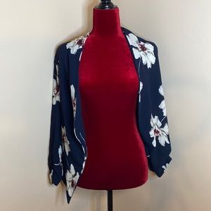 Large Polyester Blue & White Floral Print Long Sleeve Open Kimono Blouse